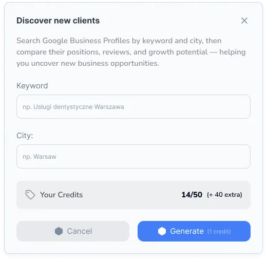 Discover new clients: modal