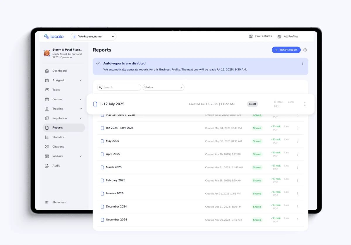 Reports list – one profile's history